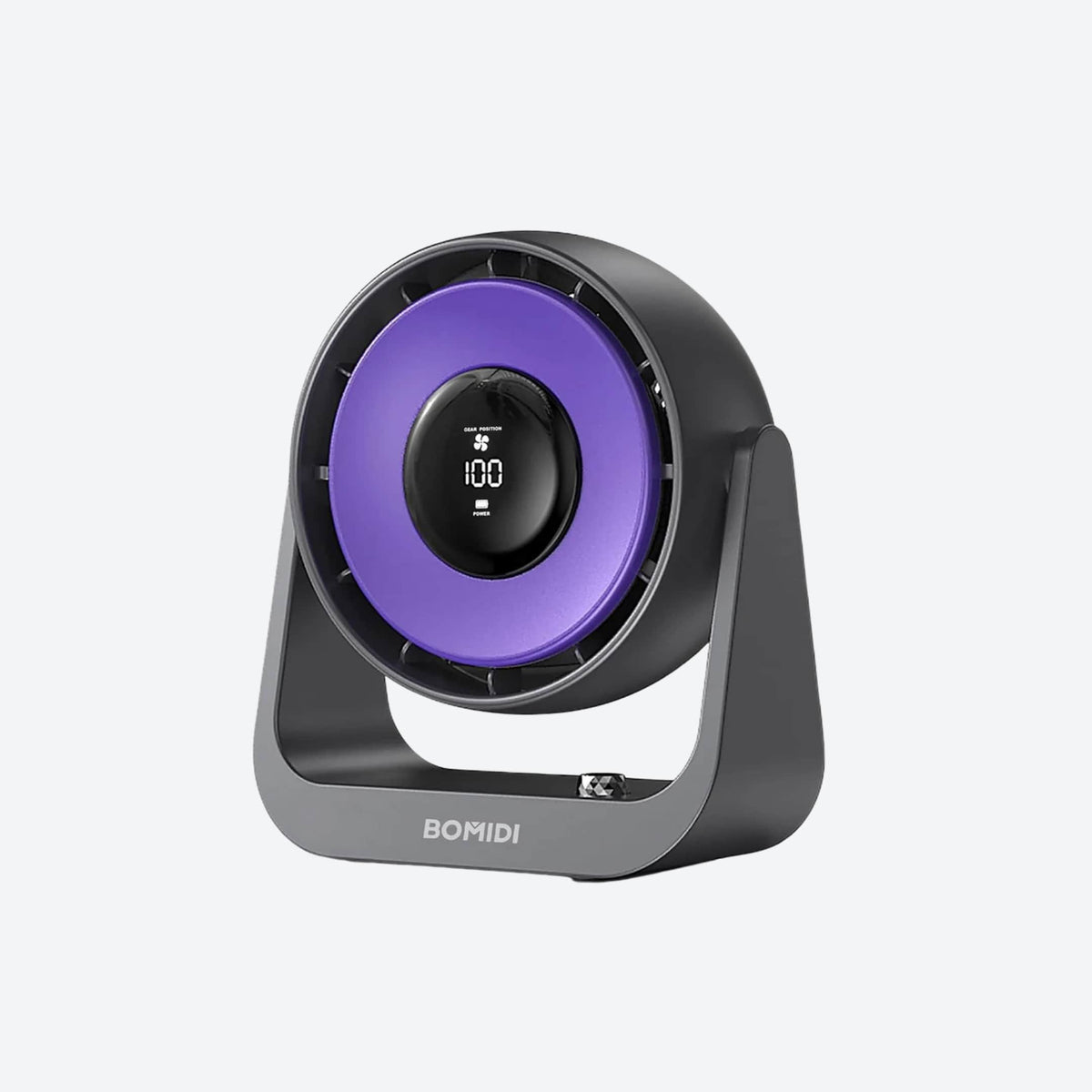 Black and purple fan with 'Bomidi' branding on a white background