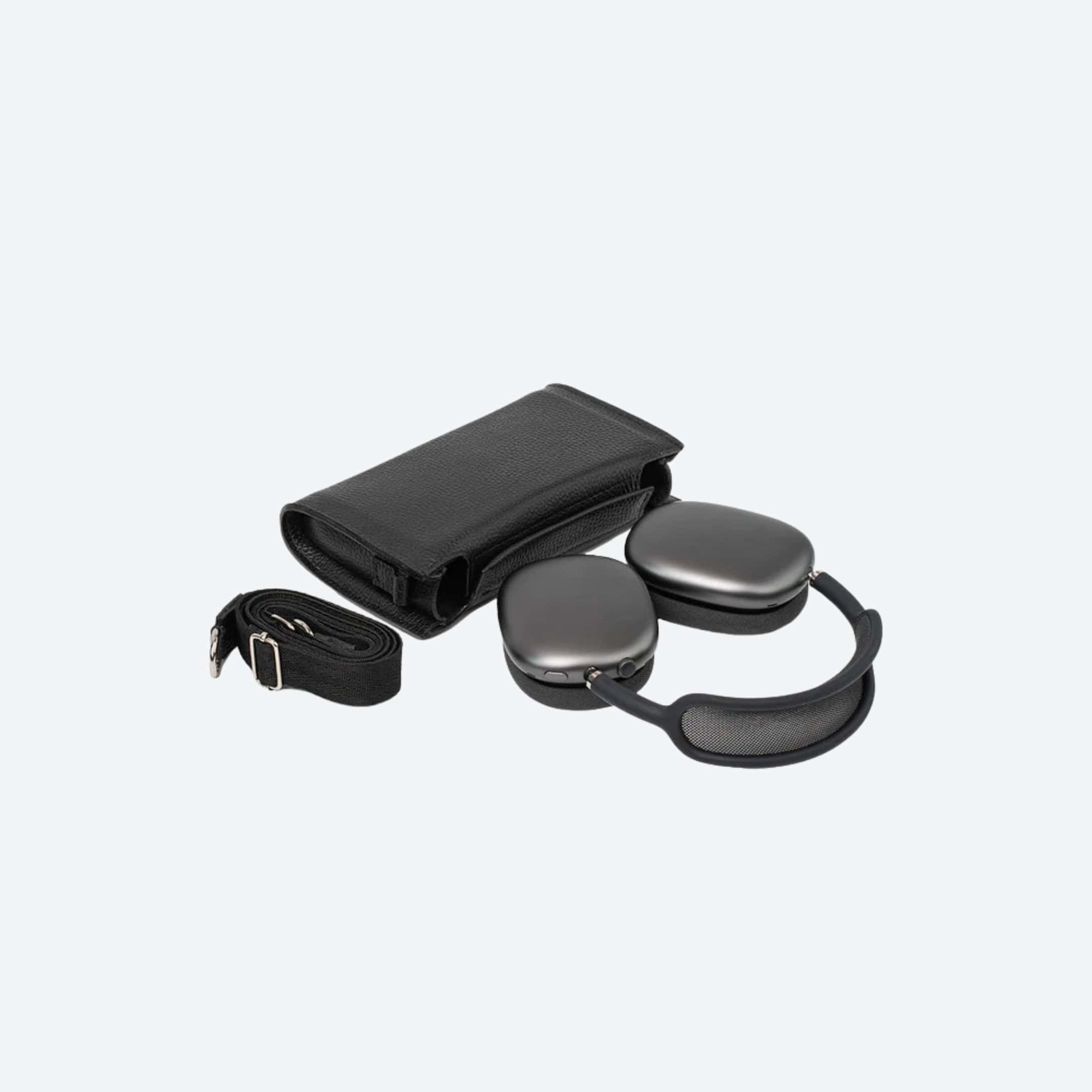 Black carrying case with two gray eye shades on a white background