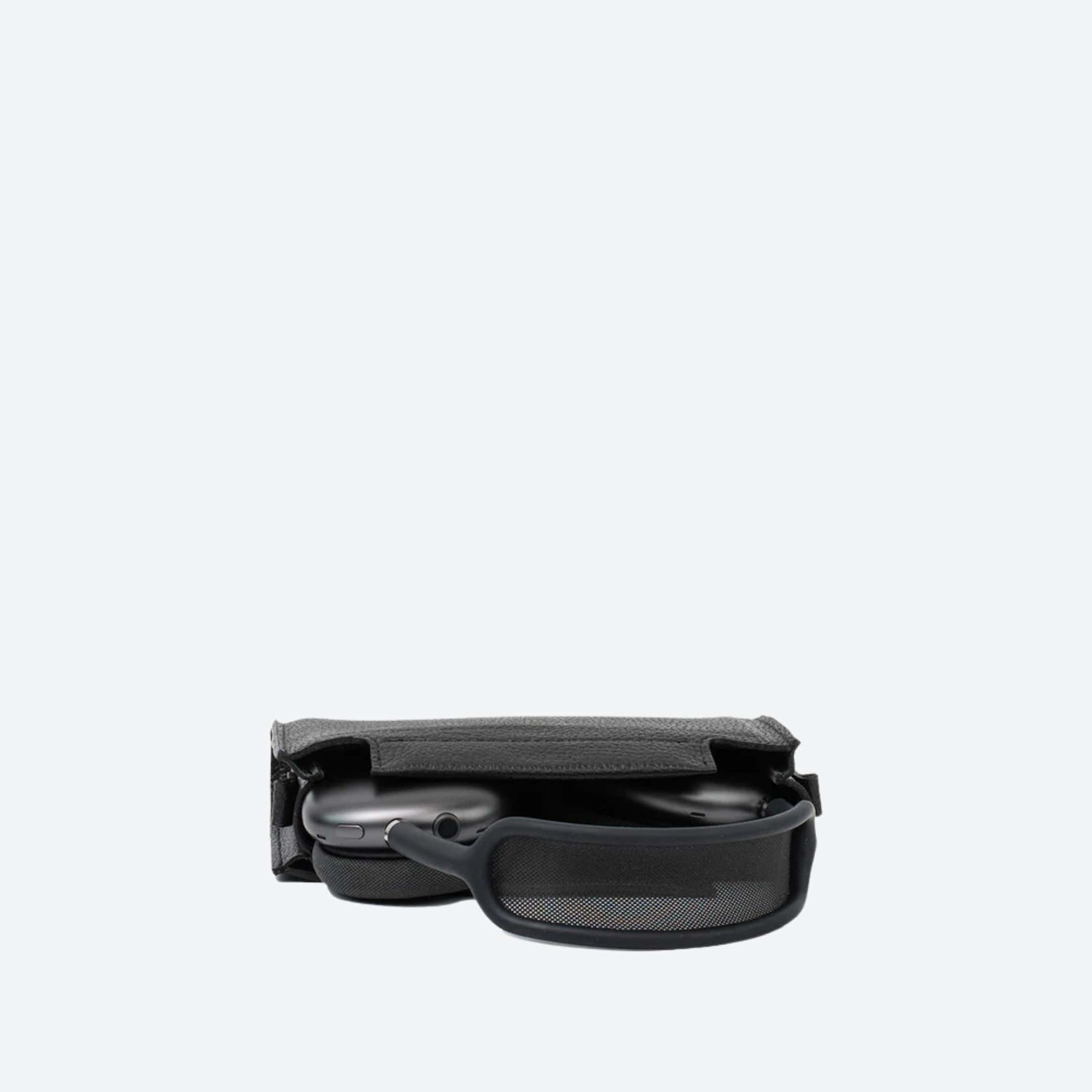 Black carrying case for sunglasses on a white background