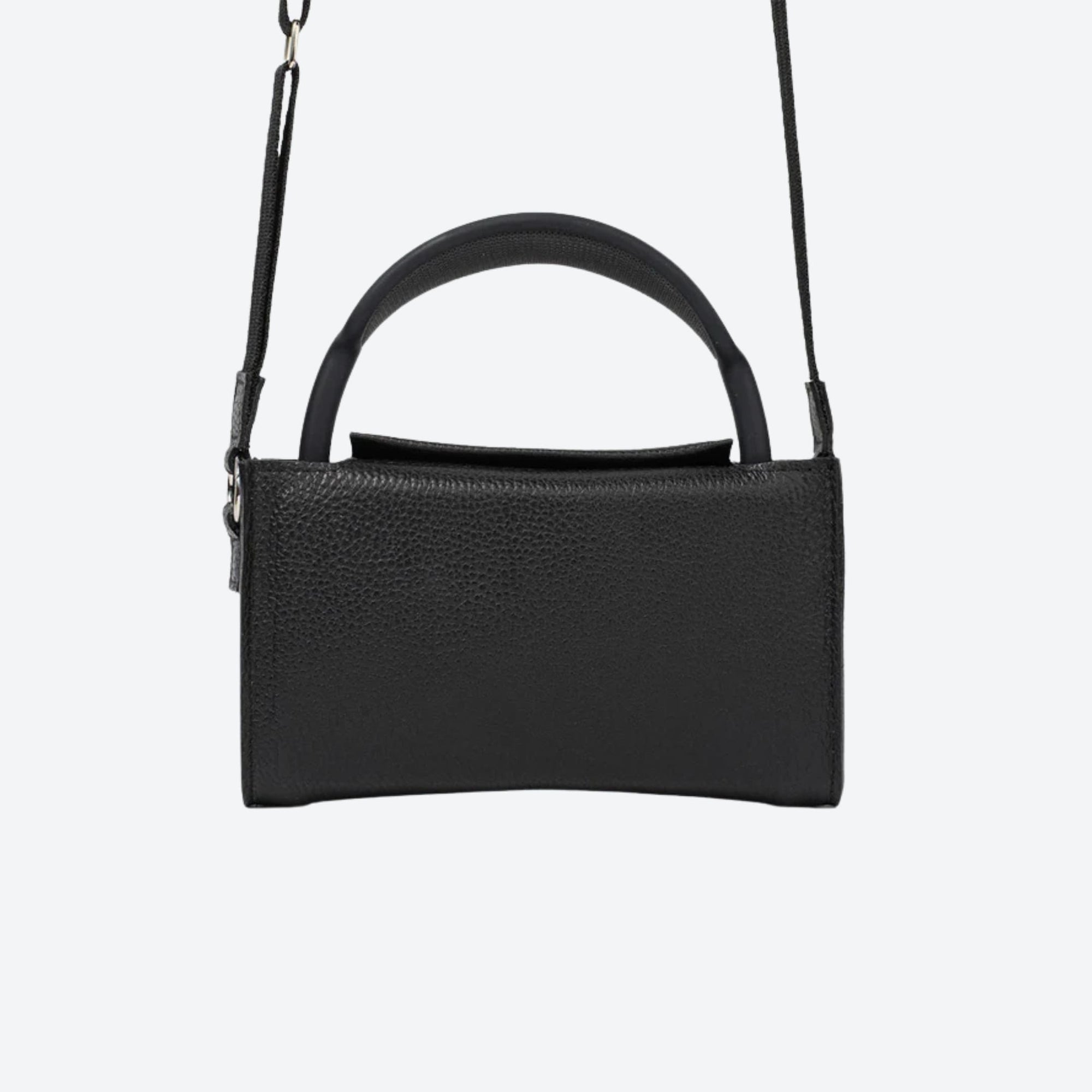 Black handbag with a strap on a white background