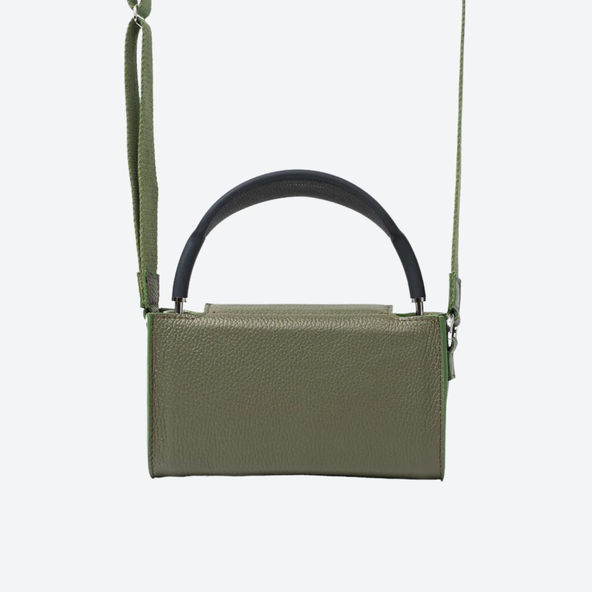 Green handbag with a black handle on a white background
