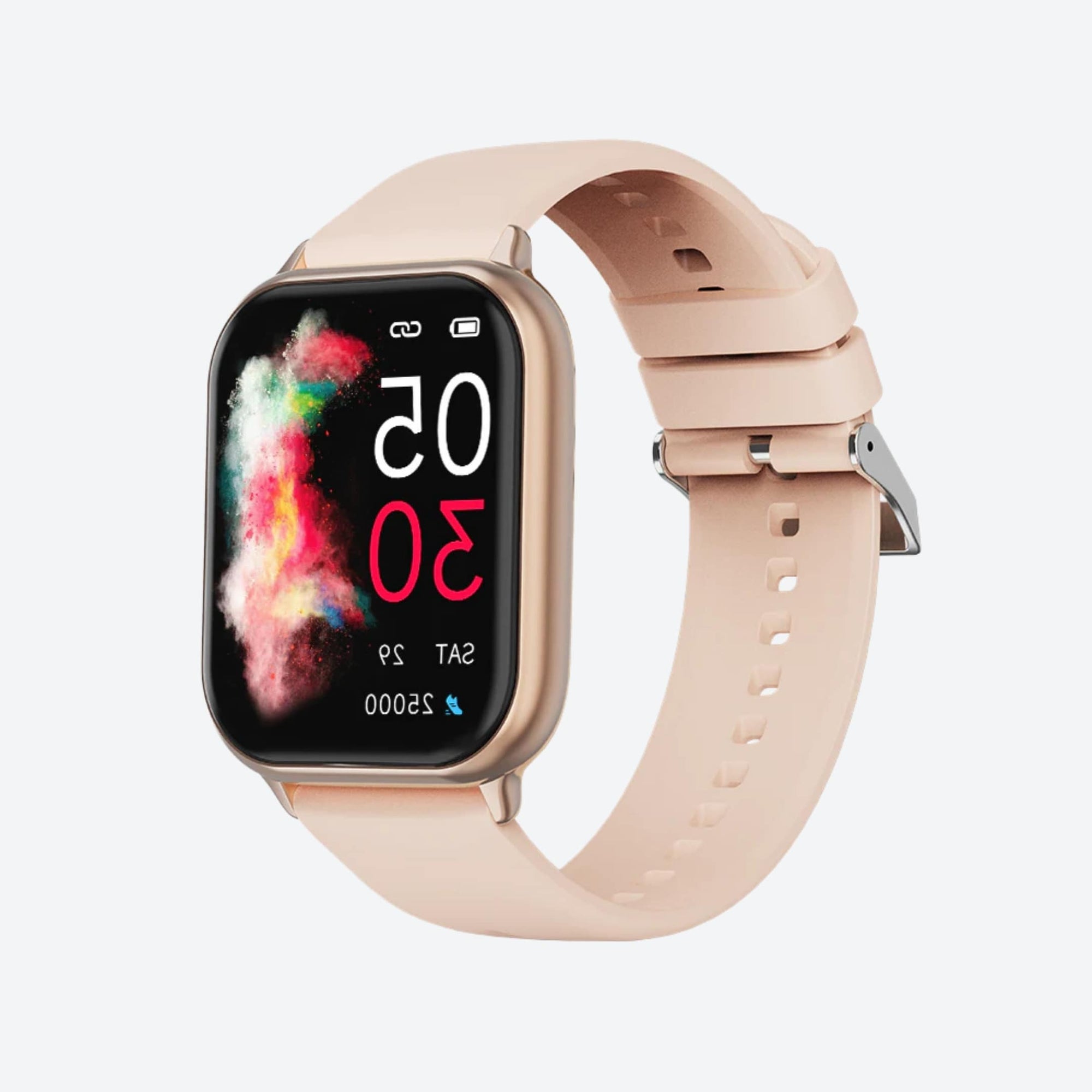 Smartwatch with a beige strap on a white background