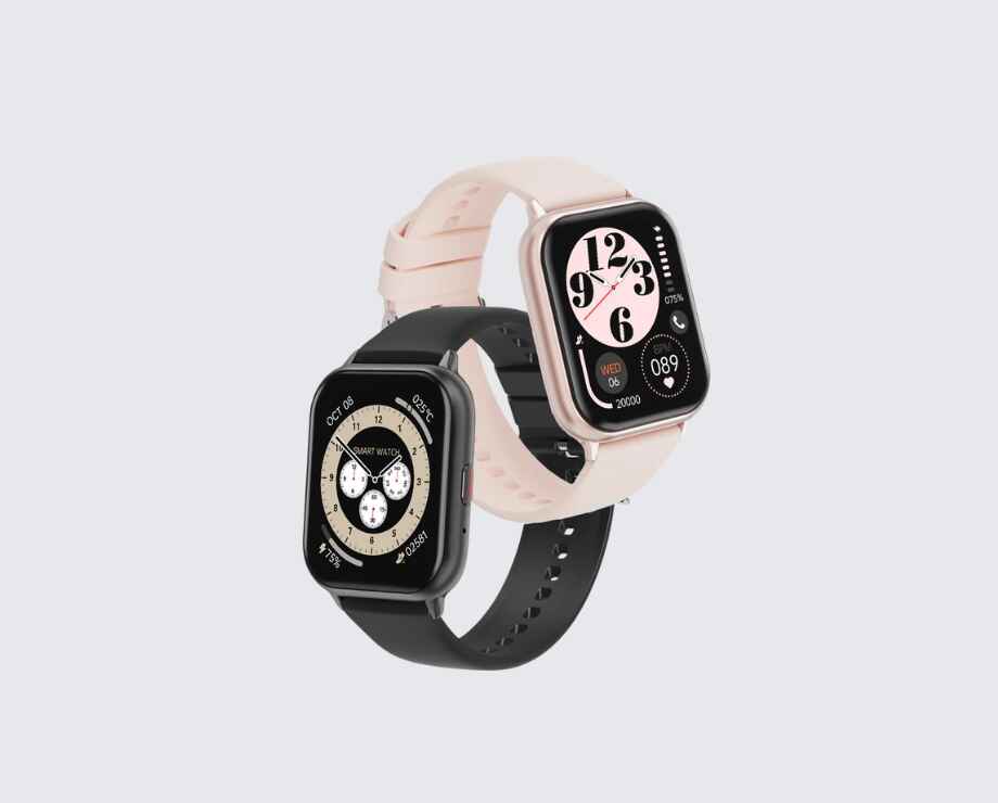 Two smartwatches with square faces. One is black with a black band, showing a classic watch face. The other is rose gold with a pink band, displaying a digital watch face with health metrics.